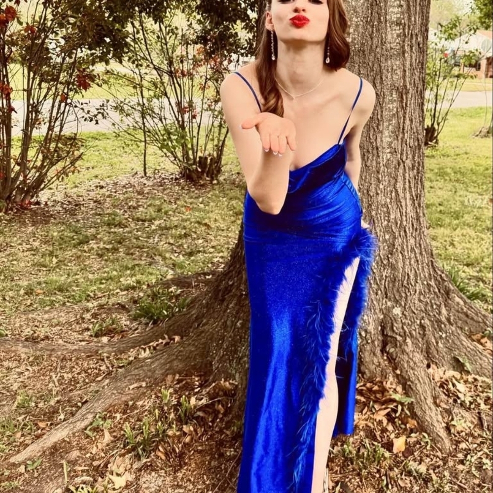Royal Blue Satin Slip Gown with Feather Trim